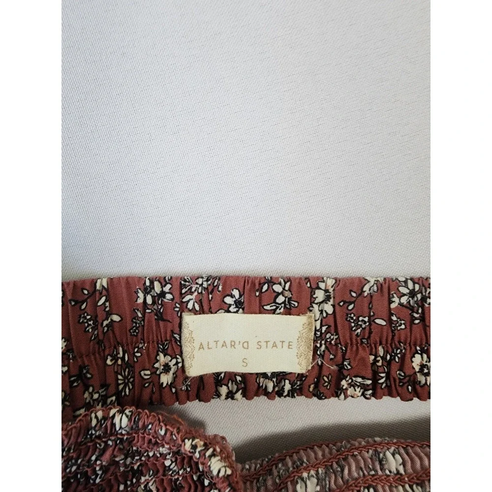 Altar'd State Floral Smocked Crop Top Rust Puff Sleeve Tie Back KEMLA U50 Small - Picture 2 of 9